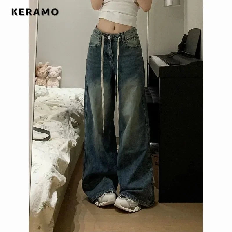 Harajuku Vintage Drawstring High Waist Loose Jeans 2023 Autumn Pants Winter Women's Y2K Wide Leg Baggy Streetwear Denim Trouser