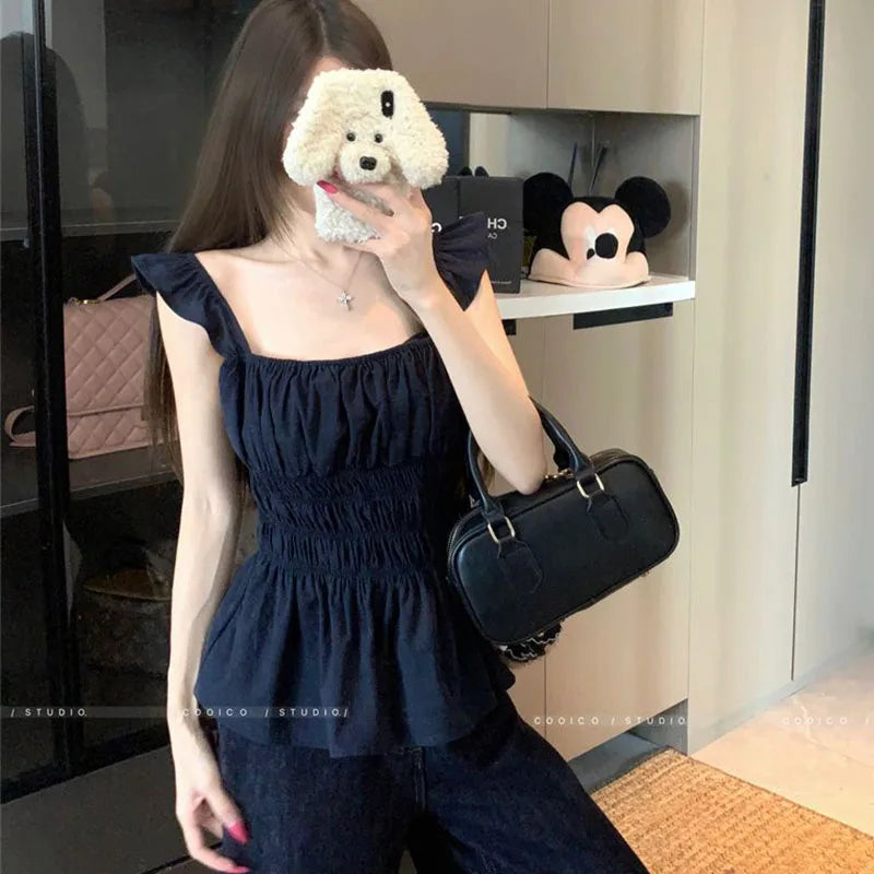 Gaono Women Sleeveless Low Cut Peplum Tank Tops Fairy Cute Ruched Camisole Summer Coquette Tie Up Strap Crop Tops Y2k Clothes