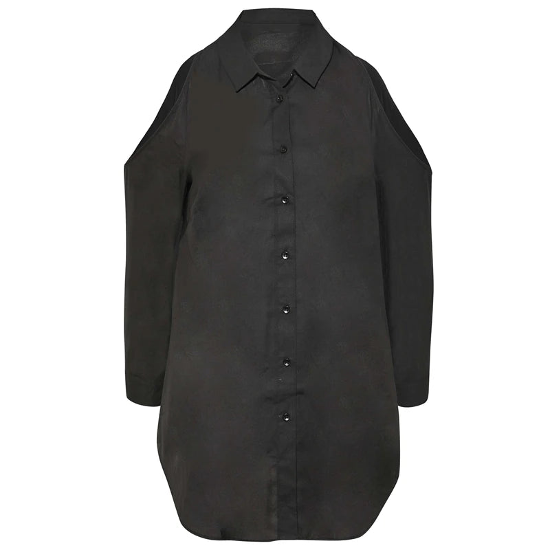 Plus Size Cold Shoulder Drop-Shoulder Long Sleeve Button-Front Office Blouse | Inspired by Beren Saat