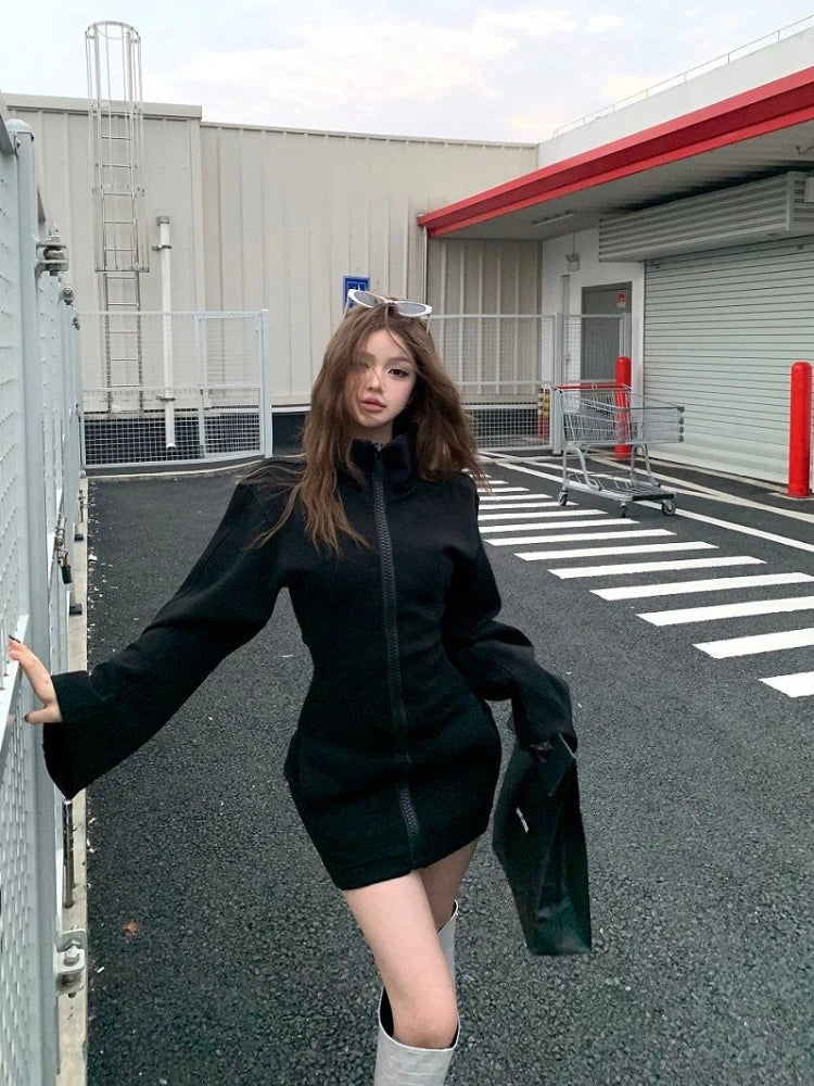 Japanese Harajuku style hot girl Y2K retro stand up collar big zipper black elastic body women's hoodie autumn hot girl tops emo