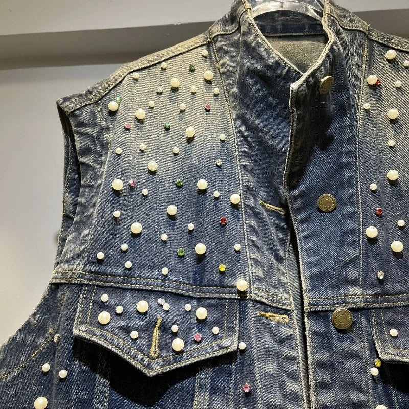 2026 Summer New Popular Women's Luxury Rhinestone Denim Vest Loose Slim Sleeveless Layering Fashion Waistcoat Top Y2k Clothes