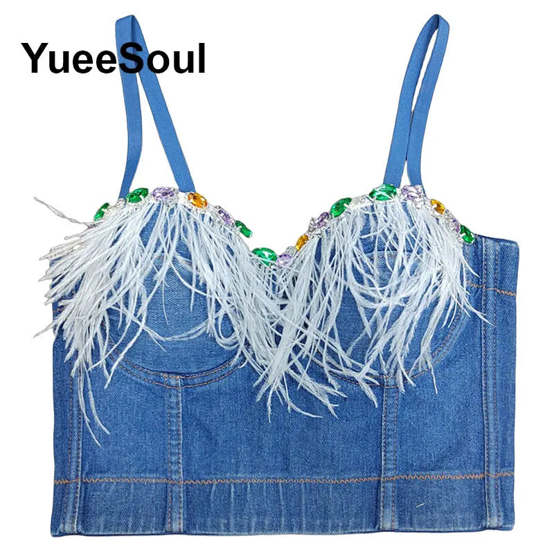 Denim Crop Tops Pearl Tassel Diamond Flower Blue Sleeveless Sexy Corset 2000s 2026 Summer New Y2K Party Evening Woman Clothes