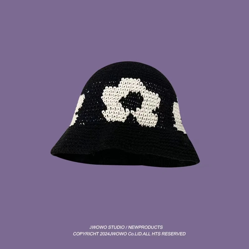 2023 Autumn New Crochet Korean Handmade Bucket Hat Women Weaving Knitted Hat  Fashion Flowers Autumn Winter Beanies Basin Cap