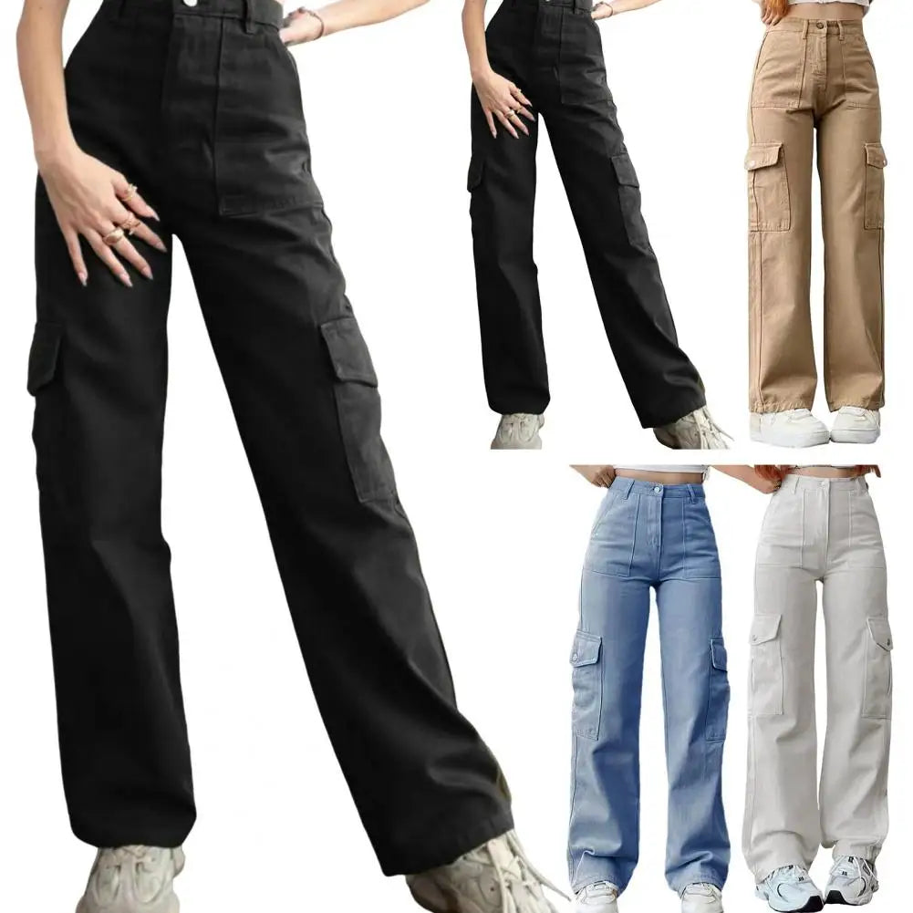 Women Cargo Pants Mid-rise Button Zipper Waist Casual Trousers with Multi Pockets Straight Leg Loose Fit Solid Color Long Pants