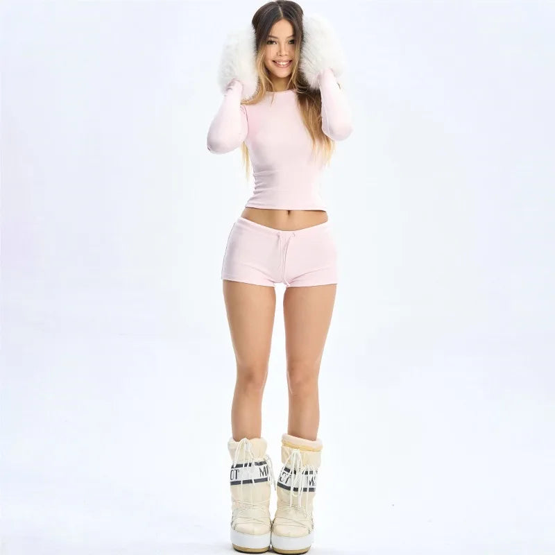 Casual Suit Women's Spring/summer Pink O-neck Long-sleeved T-shirt High Waist Shorts Two-piece Set Fashion Female Clothes