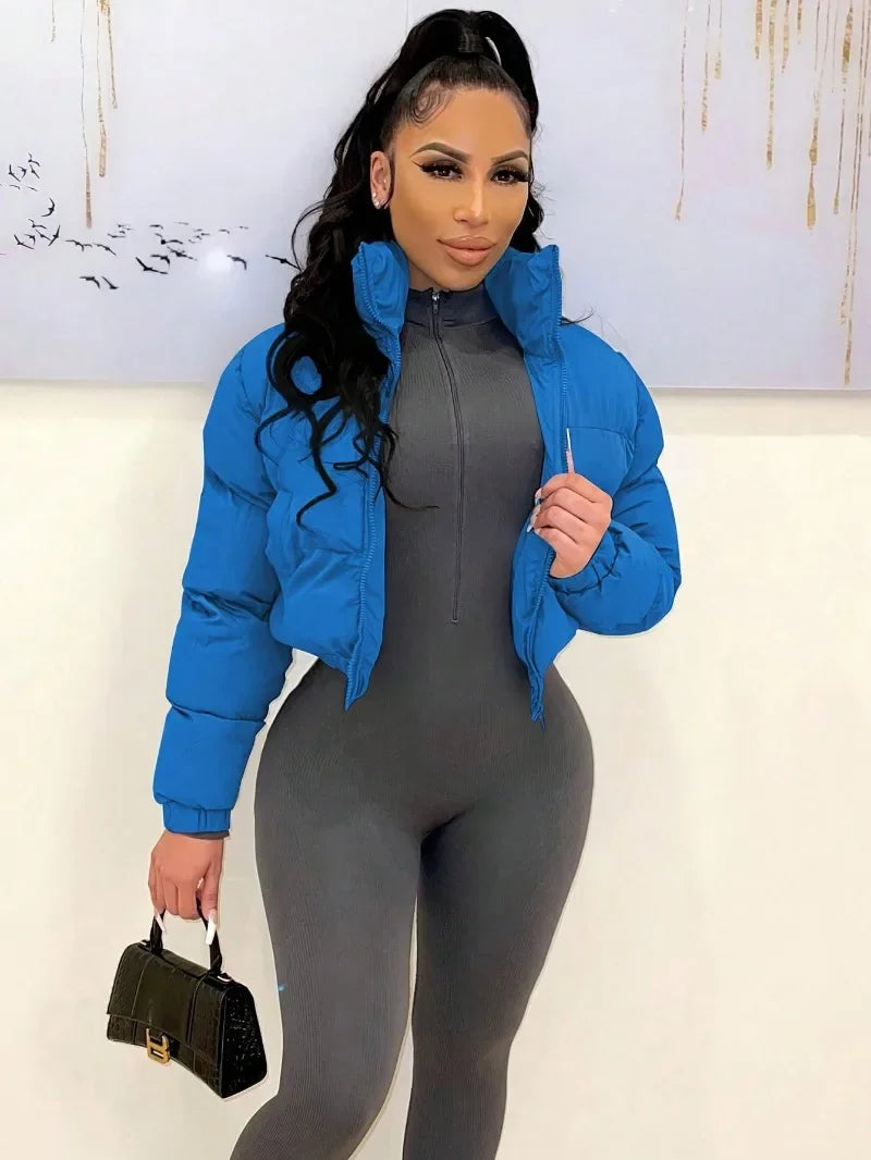 Women Solid Parkas Jackets Stand Collar Long Sleeve Zip-up Thick Warm Quilted Coats Fashion Casual Cotton Padded Outerwear
