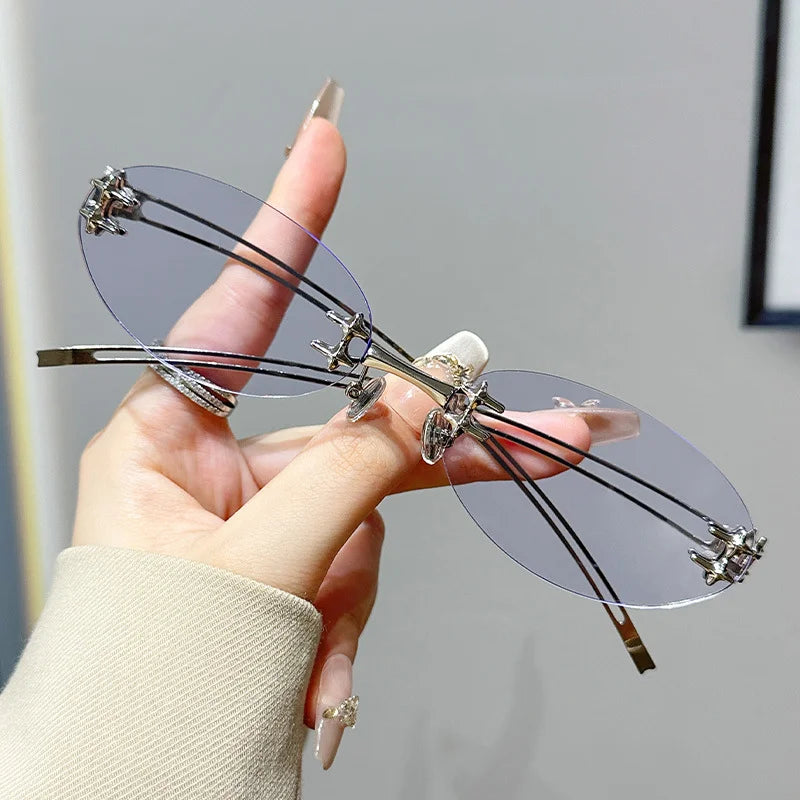 Korean Fashion Style Glasses for Women Oval Shape Rimless  Sunglasses Women Campus Style Female