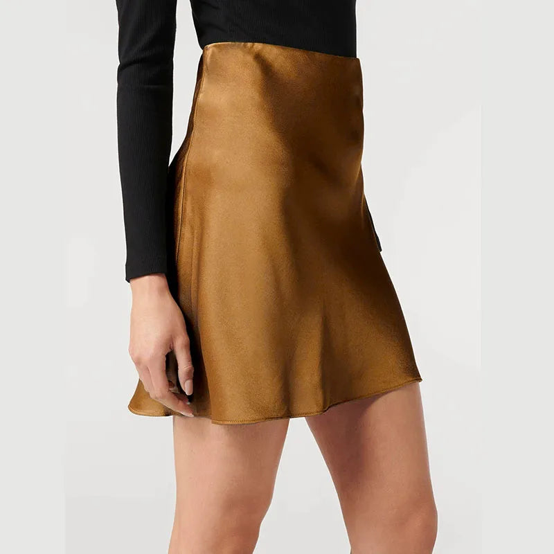 Women Fashion Acetate Short Skirts Elegant High Waist Evening Party Satin Skirts Female 2026 Summer Casual Champagne Mini Skirt