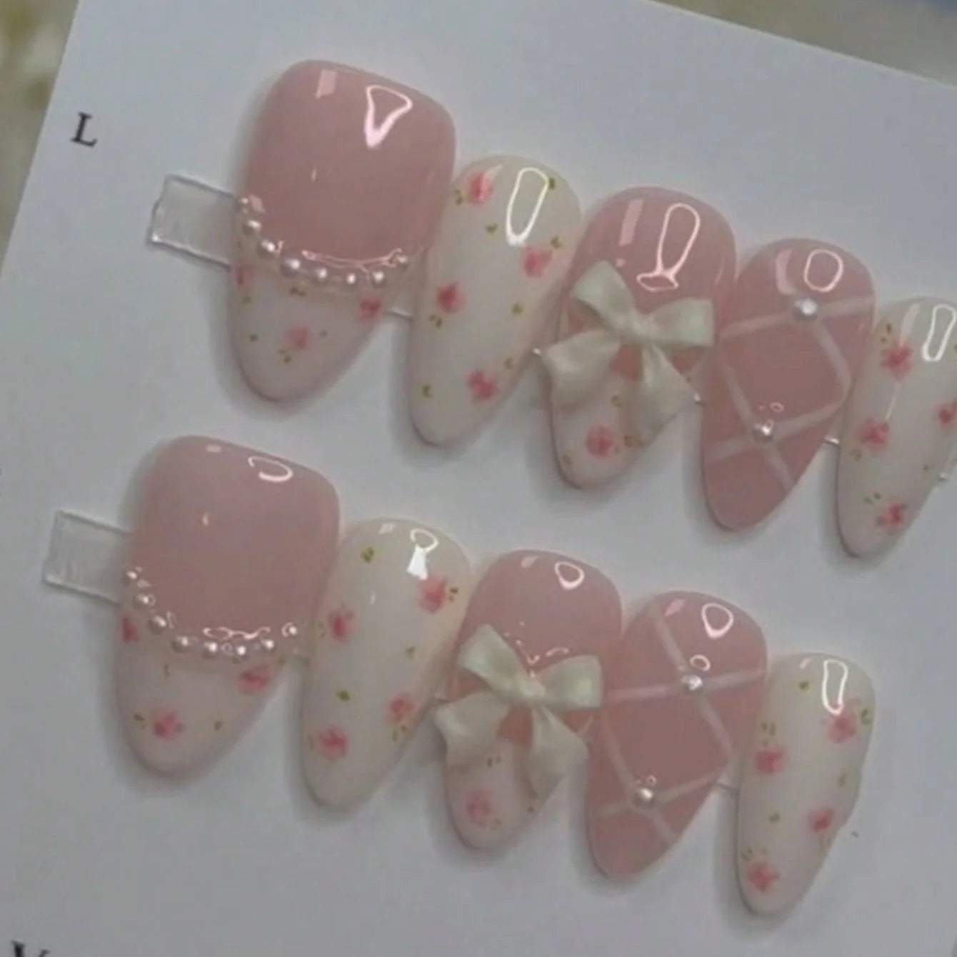 10pcs floral pearl French nails almond short hot girl y2k cute girl bow balletcore minimalist versatile handmade press-on nails