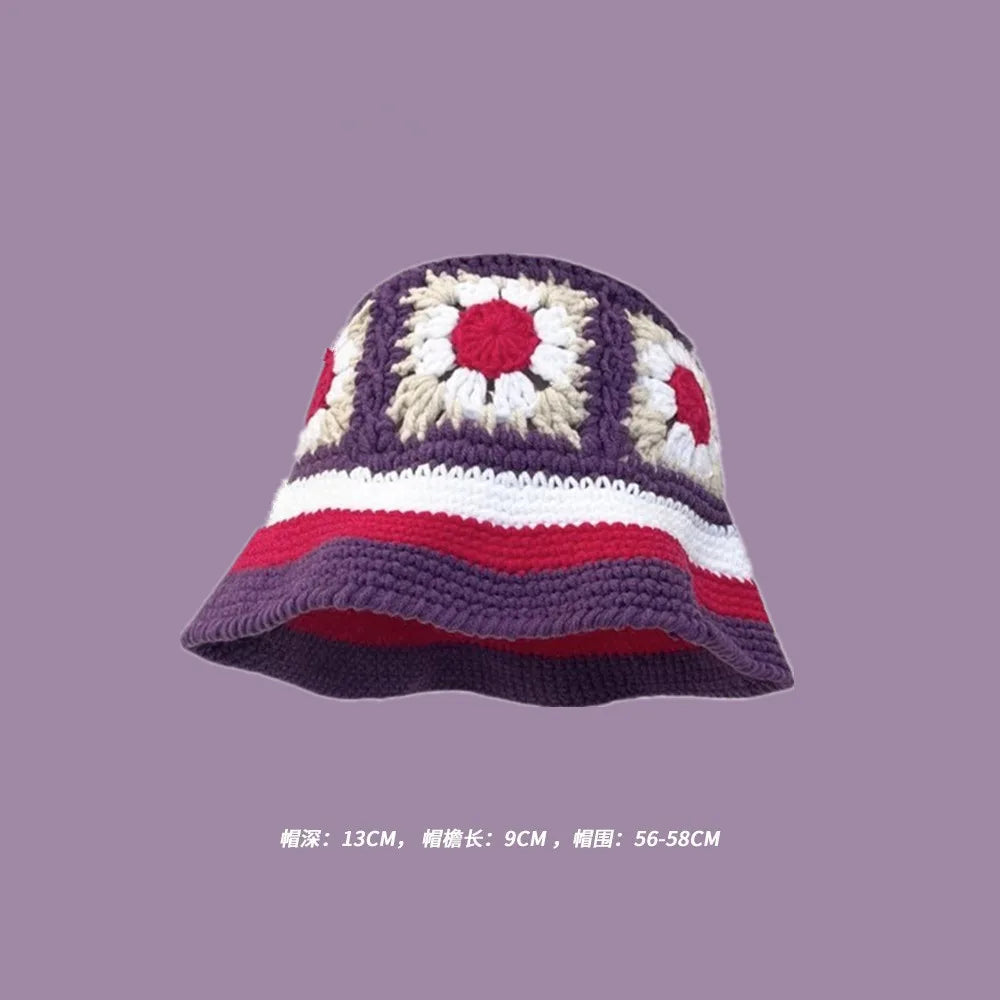 2023 Autumn New Crochet Korean Handmade Bucket Hat Women Weaving Knitted Hat  Fashion Flowers Autumn Winter Beanies Basin Cap