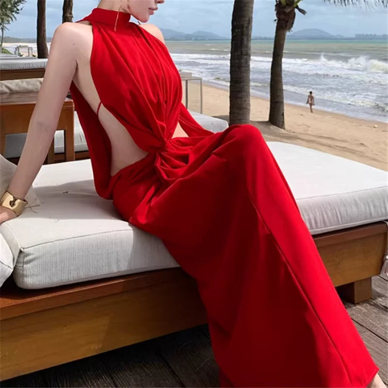 Island Seaside Vacation Sleeveless Open Back Red Long Dress 2026 New Summer Stunning Women Halter Hollow Out Waist Beach Dress