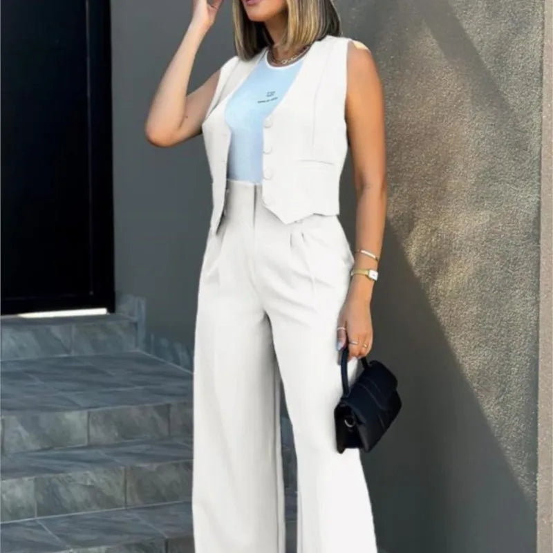 Women's Casual Waistcoat Wide Leg Pants Suit Elegant Sleeveless Vest Trousers 2 Pieces Set Solid Color Commuter Lady  Pants Set