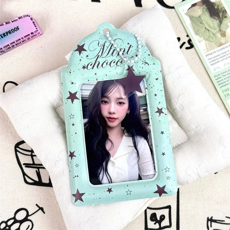 Y2K Itabag Mint Chocolate Kpop Photocard Holder 3 Inch Cute PVC Card Sleeve with Star Keychain for Idol Photo Display Bag Charm