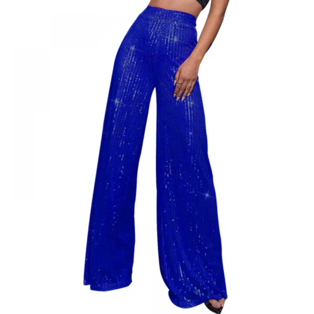 New Women Casual Sequin Sparkle Glitter Pants High Waist Flared Pants Elastic Loose Wide Disco Trousers Clubwear  Costumes