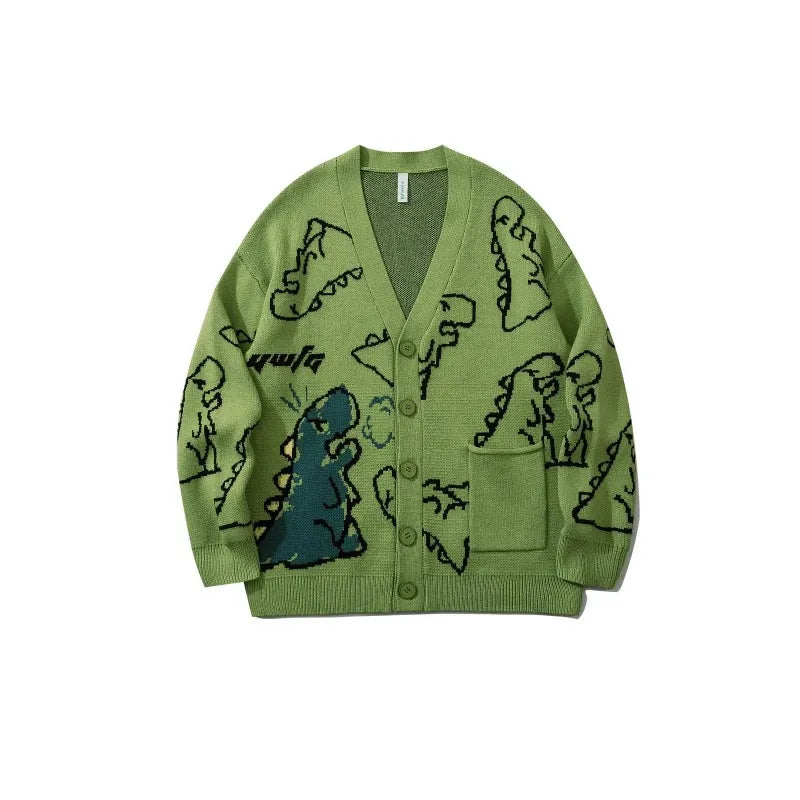 New Style Men's Clothing - Dinosaur Loose Fit Stylish and Versatile Hong Kong Style Insulated Knitted Cardigan Sweater
