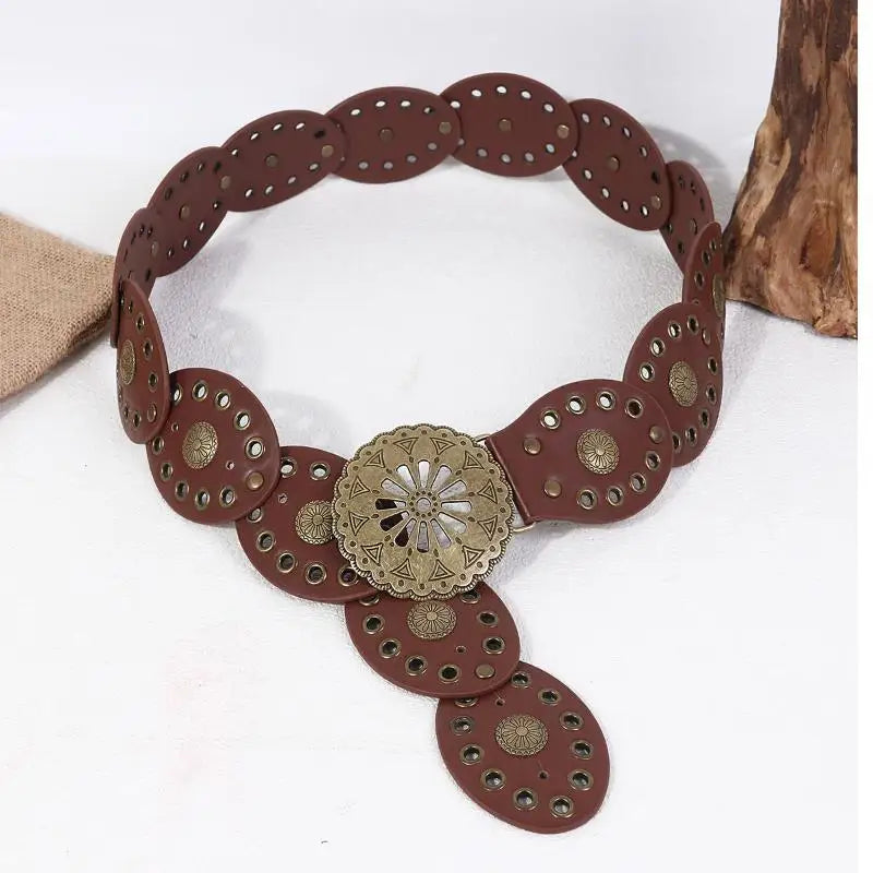 New Ladies Bohemian Western Cowboy Punk Style Belt Fashion Accessory Hollow Out Flower Buckle Oval Splicing Design