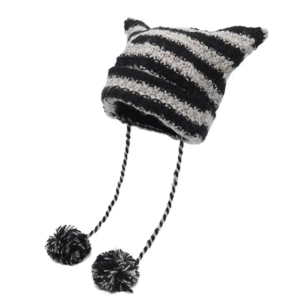 Fshion Y2K Knitting Striped Beanie Hat Cute Wool Hanging Ball Knitted Beanie Hat Cat Ears Pointed Pullover Hats Autumn Winter