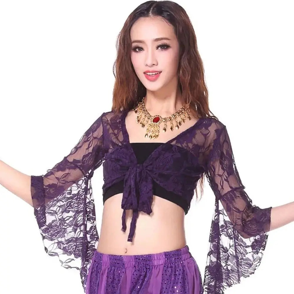 Women's Belly Dance Top  Short Cardigan Lace Long Sleeve Shrug Lace-up Shirt Gymnastics Cover Up Cardigan Wraps New