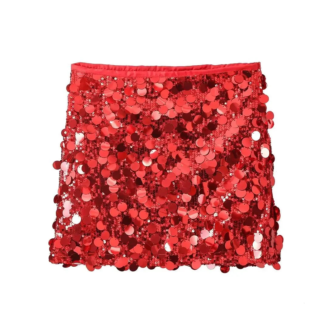 Women Fashion With Sequined Solid Side Zipper Mini Skirt Vintage High Waist Female Chic Lady Skirts
