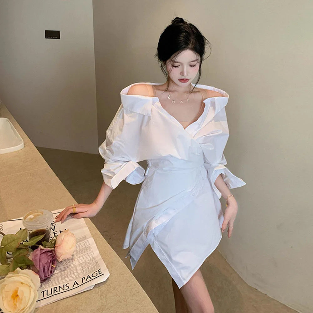 V-Neck Off-Shoulder Mini Shirt Dress | Inspired by Lisa