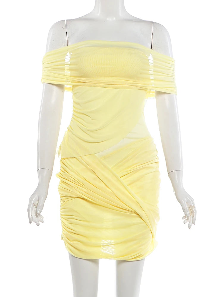 Slash Neck Patchwork Multi-Layer Mesh Hollow-Out Bodycon Mini Dress | Inspired by Beren Saat