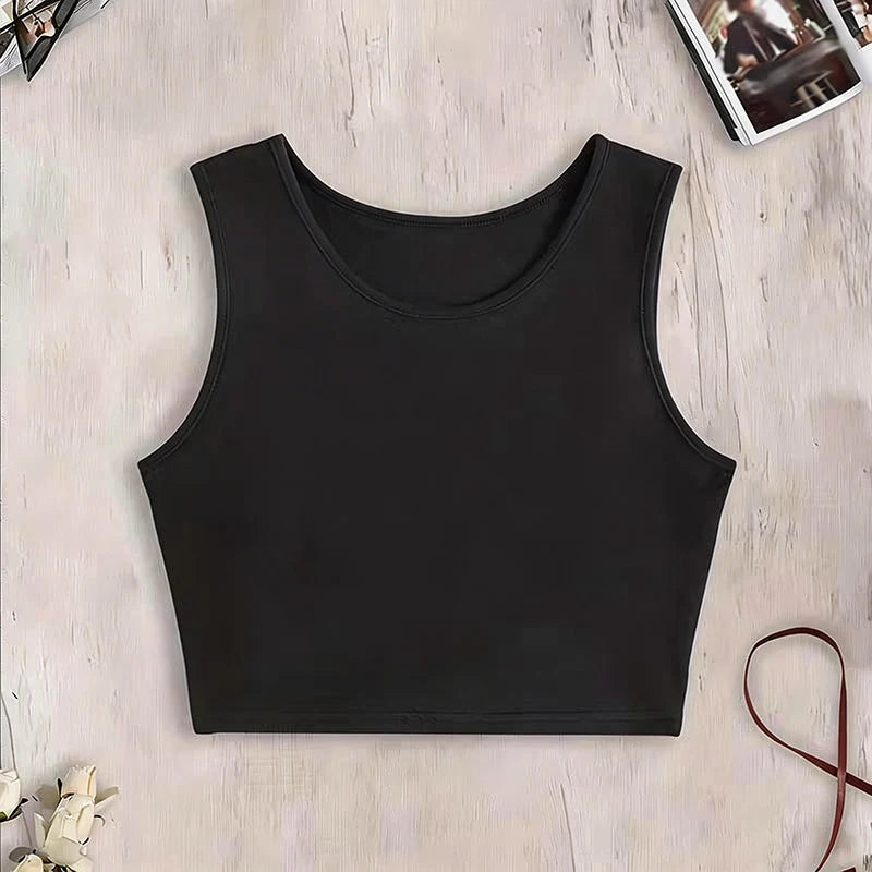 Women's Solid Round Neck Sleeveless Vest T Shirt 90s Graphic Y2k Tank Tops for Woman Fashionable Black White Crop Tops Clothes