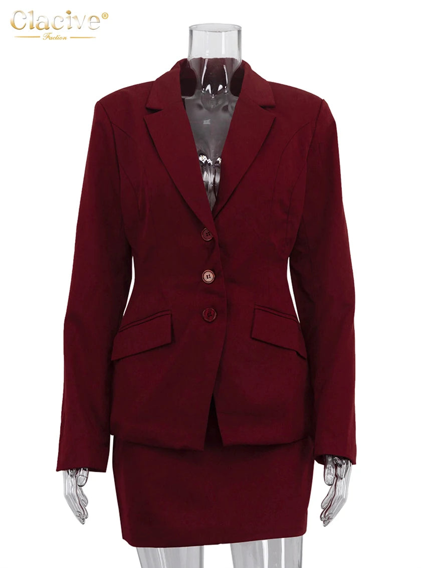 Clacive Fashion Slim Wine Red 2 Piece Sets Women Outfit 2025 Elegant Long Sleeve Blazer With High Waist Mini Skirt Set Female