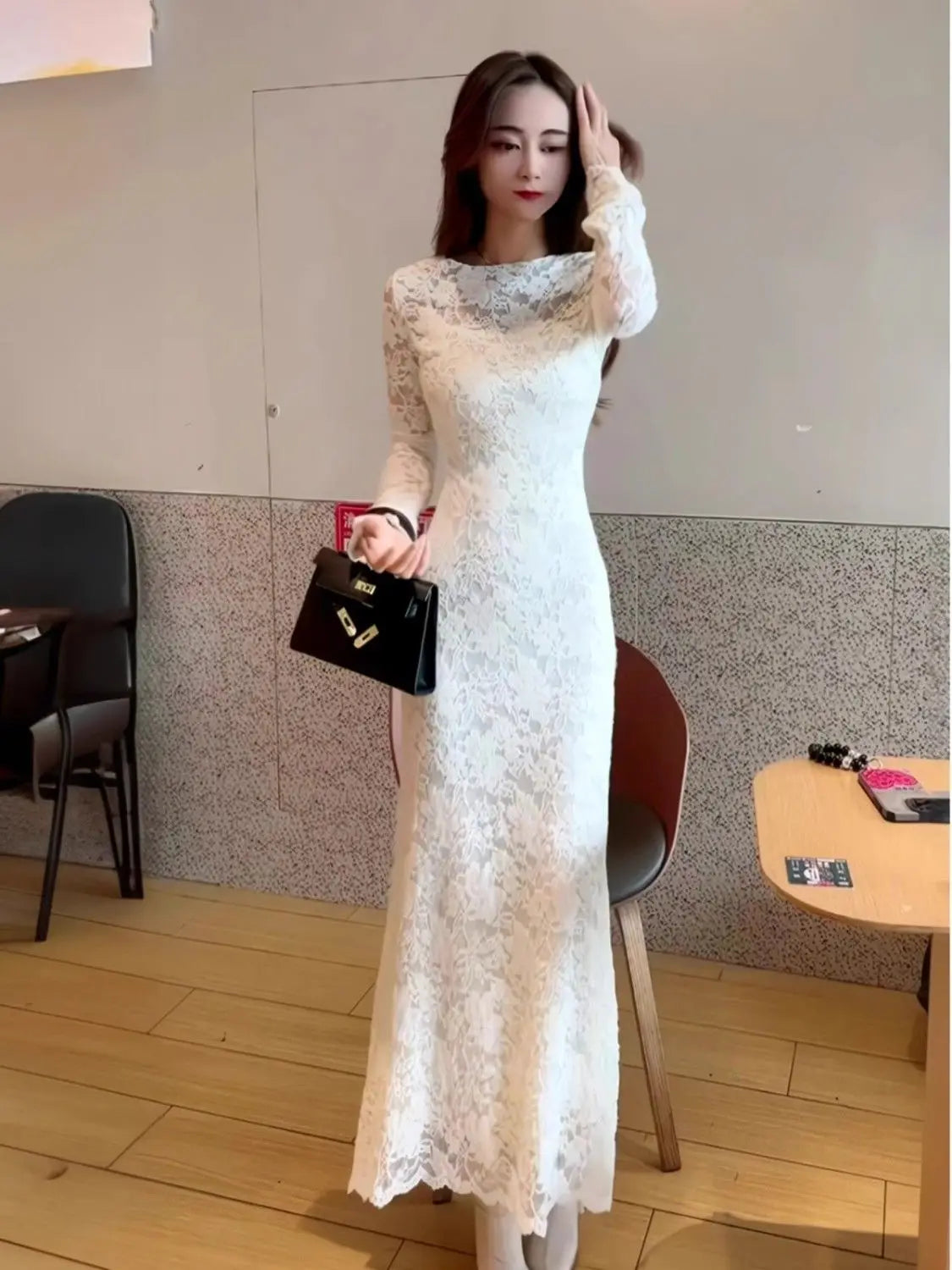 French Lace Long Sleeved Dress for Autumn Winter with a Slim Fit Waist Cinching Slimming Effect Fish Tail Wrapped Long Skirt