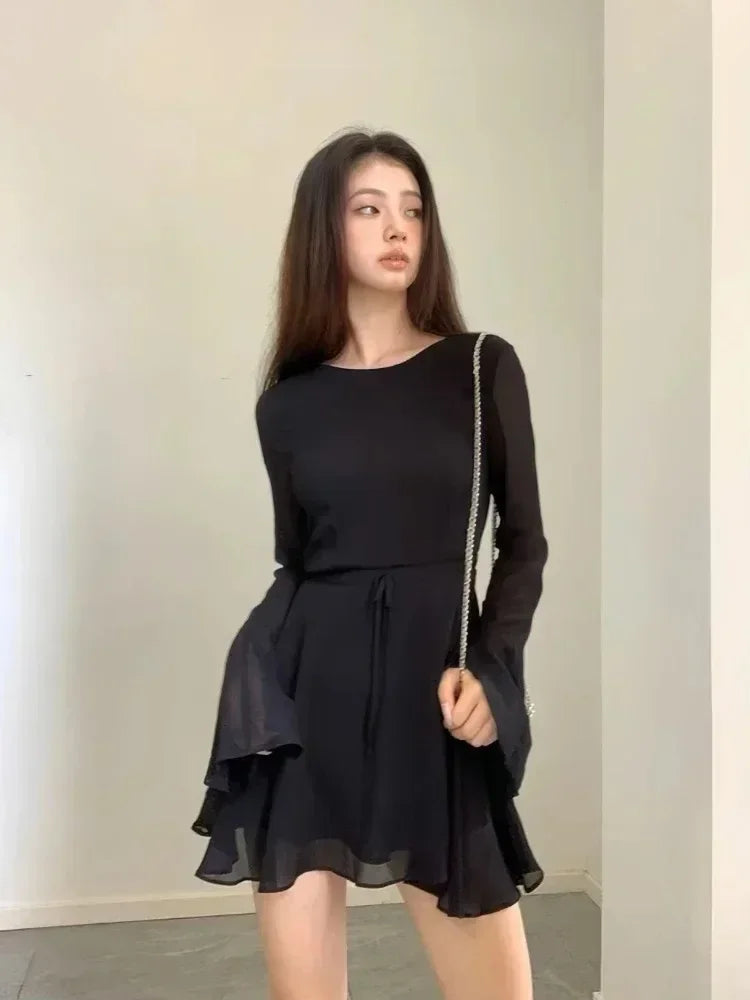 Sexy Backless Black Dress Women Back Hollow Out Lace-up Long Sleeve Mesh Patchwork Dress Elegant Slim Ruffle Mini Dress Party
