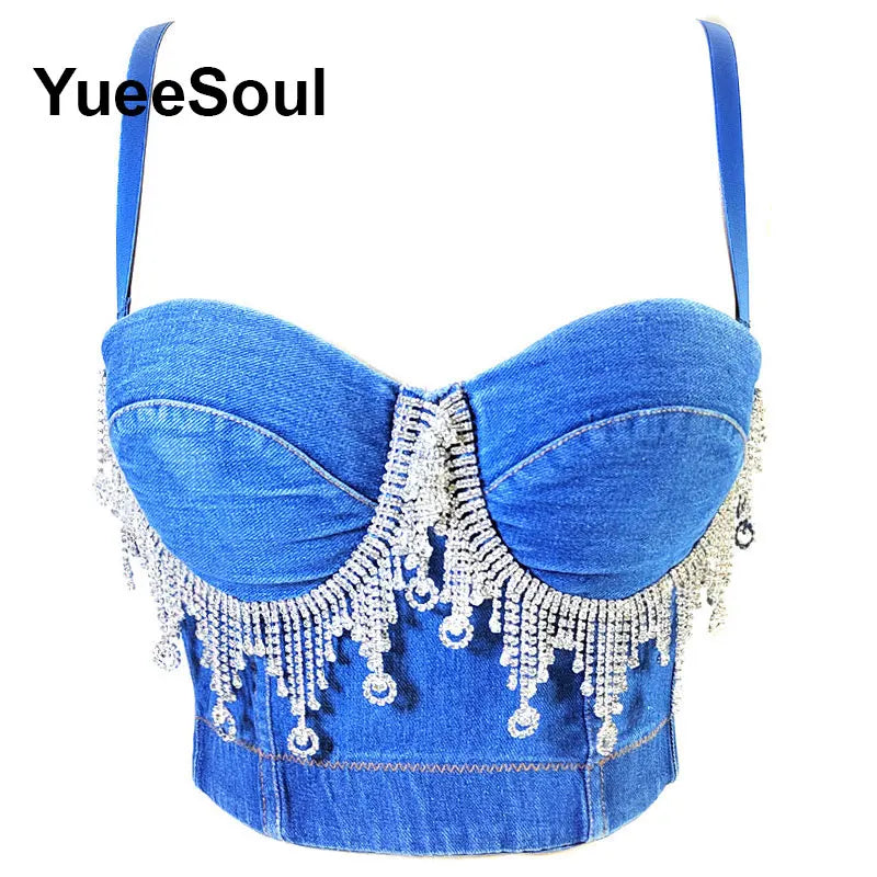 Denim Crop Tops Pearl Tassel Diamond Flower Blue Sleeveless Sexy Corset 2000s 2026 Summer New Y2K Party Evening Woman Clothes