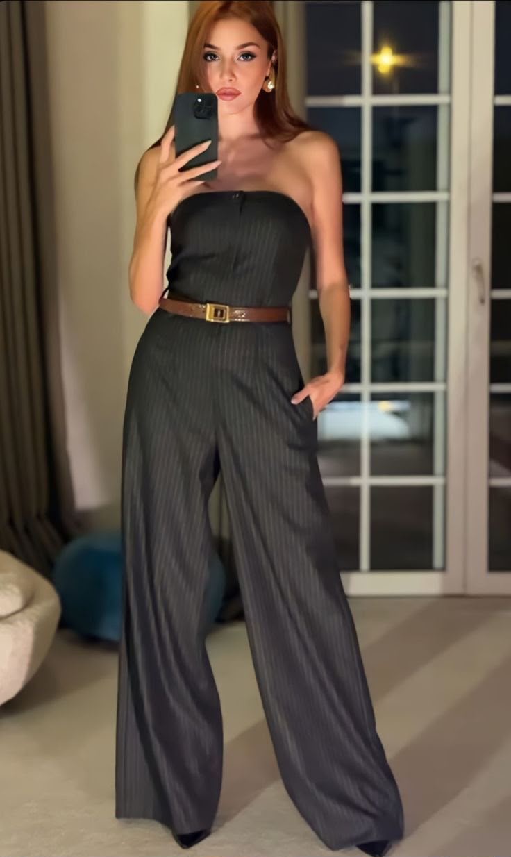 Women's Striped 2 Piece Outfit Tube Top and High Waist Wide Leg Pants Set