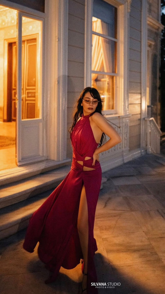 Island Seaside Vacation Sleeveless Open Back Red Long Dress 2026 New Summer Stunning Women Halter Hollow Out Waist Beach Dress