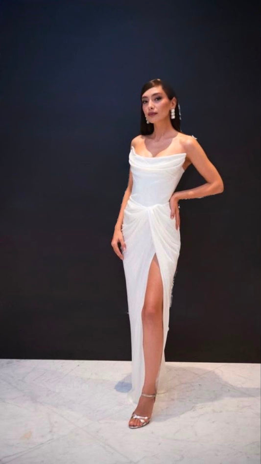 Ofherown White Strapless Evening Dress Prom Gown Ruched Satin Maxi Formal Party Dress With Scarf And High Slit