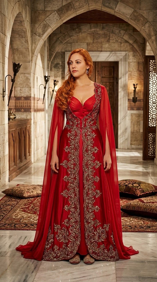 Customized Arabic Kaftan Prom Dress Red Velvet Long Sleeves Moroccan Elegant Formal Occasion Gowns Gold Lace Appliques Beaded