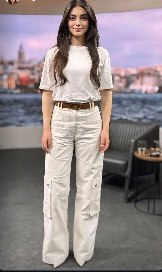 Women Cargo Pants Mid-rise Button Zipper Waist Casual Trousers with Multi Pockets Straight Leg Loose Fit Solid Color Long Pants