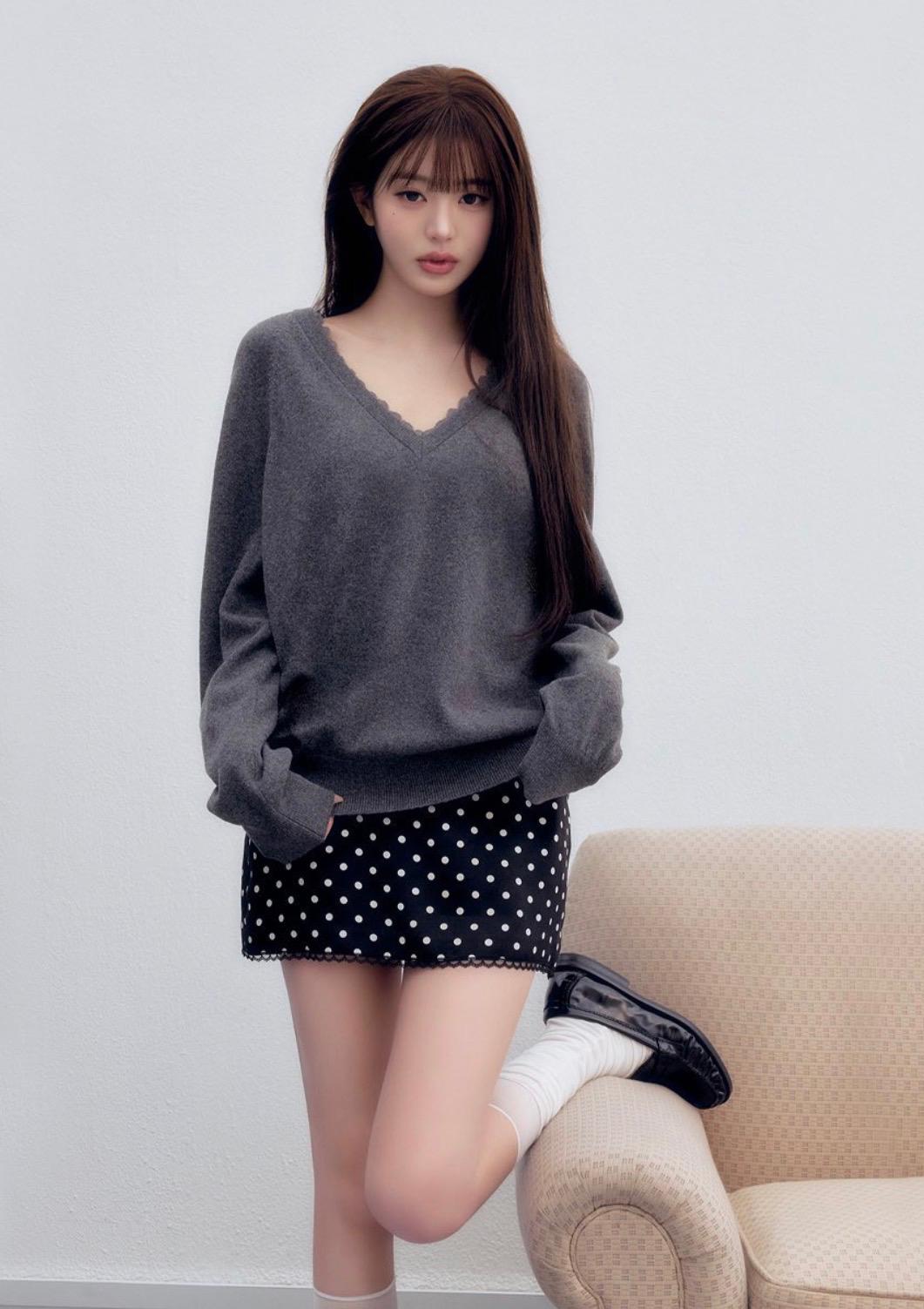 Women V Neck Lace Splice Knit Top Loose Long Sleeve Soft Casual Pullover Sweater Tops