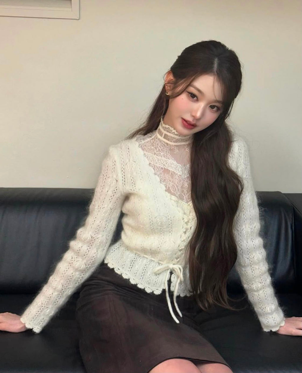 Hollow Knit Drawstring Waist Scallop Edge Cropped Cardigan | Inspired by Wonyoung