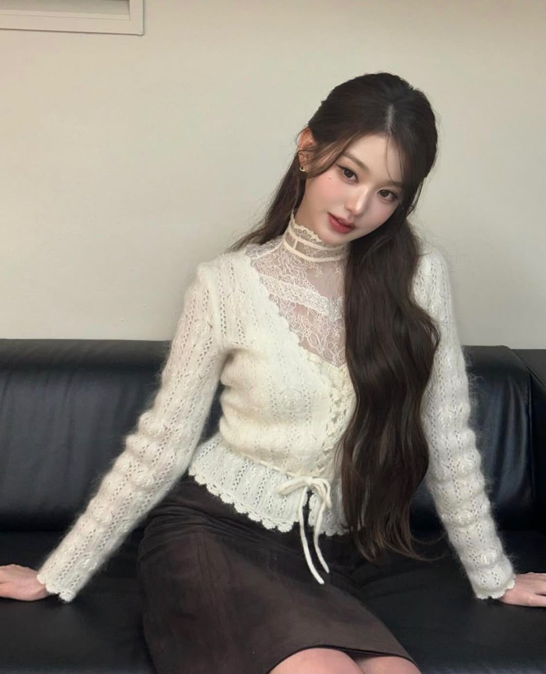 Autumn Women's Hollow Knit Cardigan Drawstring Waist Scallop Edge Cropped Sweater Coat Sweet Casual Outwear