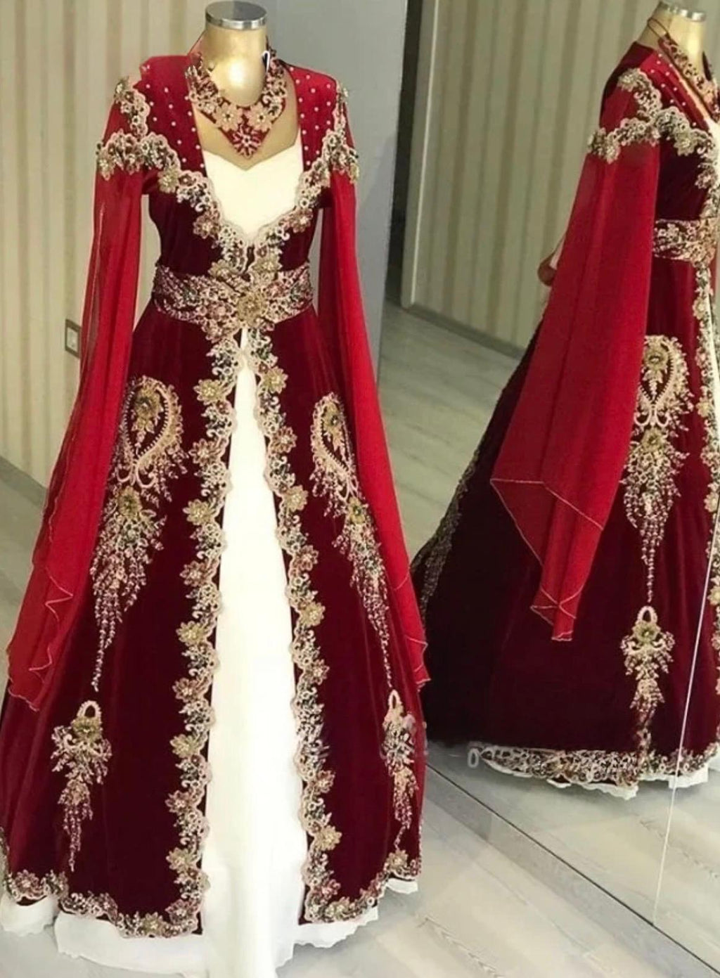 Red Velvet Gold Lace Beaded Ottoman Ball Gown | Inspired by Meryem Uzerli