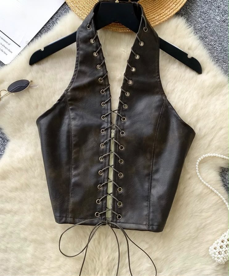 PU Leather Lace-Up Halter Tank Top | Inspired by Zeynep Oktay