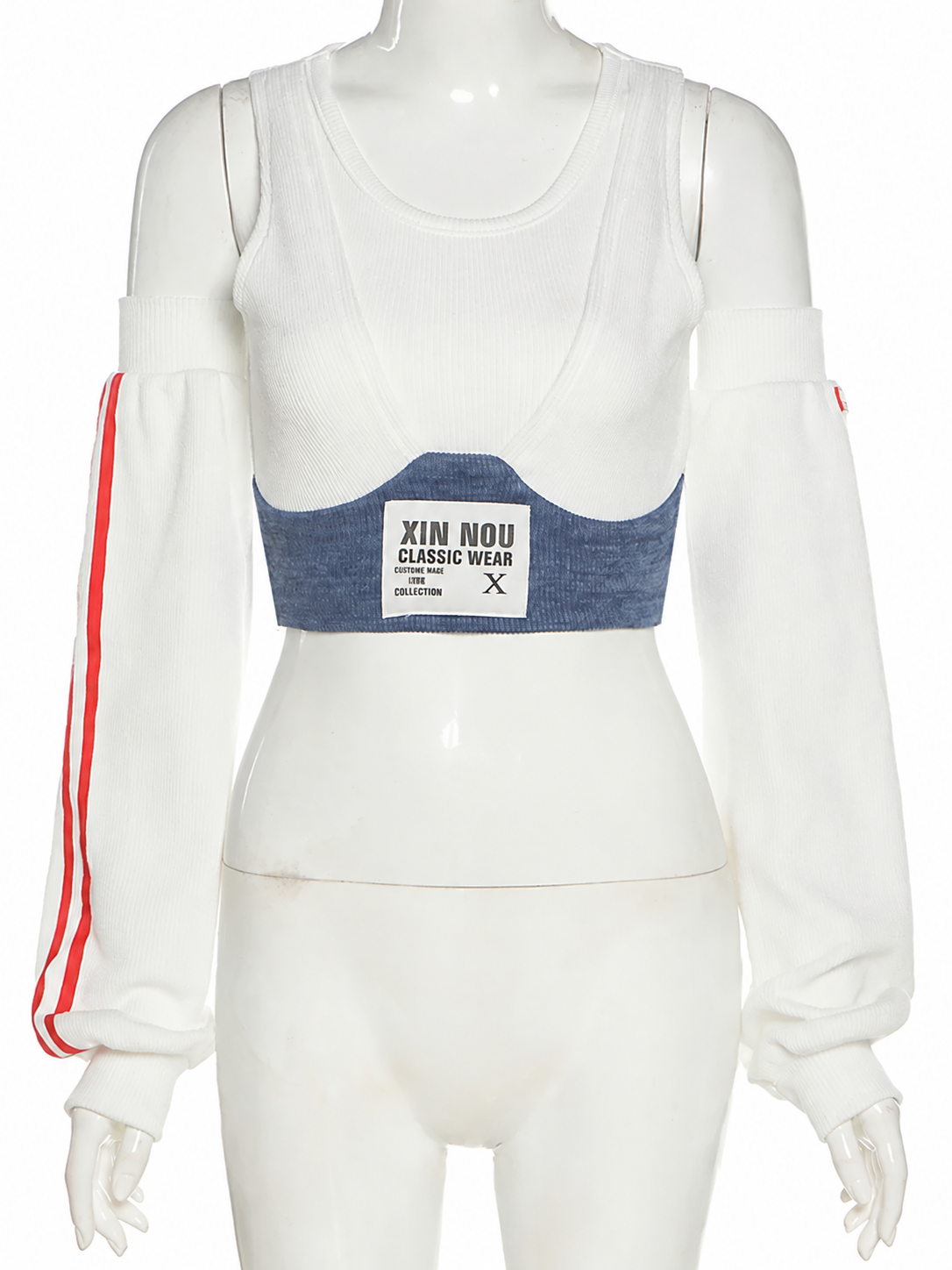 White ribbed crop top with blue hem and long sleeves on a mannequin